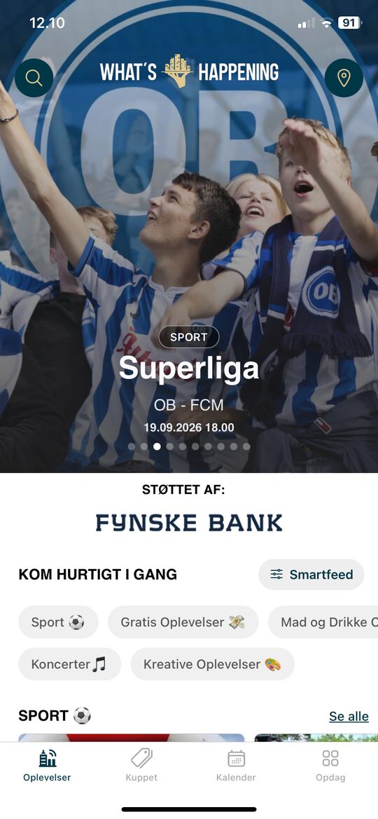 Skærmbillede af What's Happening-appens Events-side i Odense / Fyn